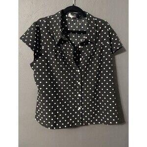 Allegra K Women's Black Polka Dots Ruffle Stand Collar Button Career Shirt XL